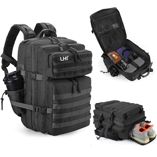LHI Military Tactical Backpack for Men and Women 45L Army 3 Days Assault Pack Bag Large Rucksack with Shoe Compartment - color: 1.2 Shoe Compartment(black)