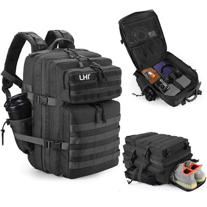 LHI Military Tactical Backpack for Men and Women 45L Army 3 Days Assault Pack Bag Large Rucksack with Shoe Compartment - color: 1.2 Shoe Compartment(black)