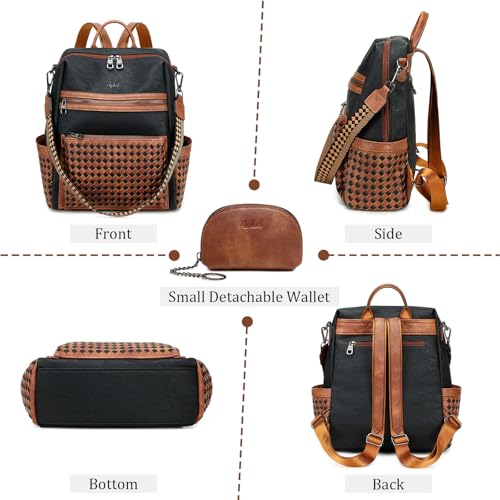 AGLOD Leather Backpack Purse for Women Designer Ladies Shoulder Bag Fashion Faux Work Travel Handbags - color: Woven Black-brown