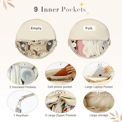 miss fong Neoprene Diaper Bag - Baby Diaper Bag,Large Capacity Neoprene Backpack with Changing Pad Travel Diaper Backpack Tote Backpack with 16 Pockets for Mom & Dad-Beige - color: Neoprene Beige