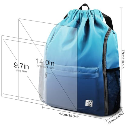 Drawstring Backpack with Mesh Pockets String Gym Bag Sackpack Sandproof Water Resistant Beach Backpack for Men Women - color: Dodger Blue