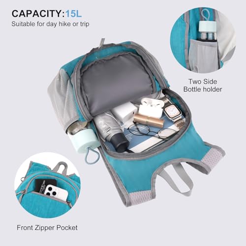 MOSISO 15L Small Hiking Backpack, Foldable Travel Daypack Lightweight Packable Back Pack for Women Men Travel Camping Outdoor, Teal Blue