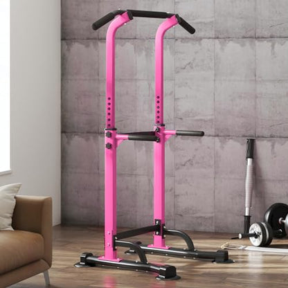 SogesPower Power Tower Dip Station Pull Up Bar for Home Gym Adjustable Height Strength Training Workout Equipment,Pull Up Bar Station - color: Pink