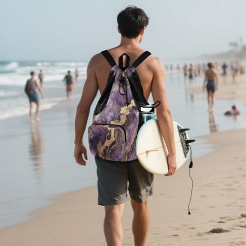 Beach Drawstring Bags Pool Bag With Water Bottle Pocket Cinch Back Sack Wet and Dry Separation Purple and Gold Marble Texture - color: Color 26