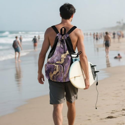 Beach Drawstring Bags Pool Bag With Water Bottle Pocket Cinch Back Sack Wet and Dry Separation Purple and Gold Marble Texture - color: Color 26