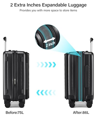 Hanke 24 Inch Expandable Luggage Top Opening Checked Bag Luggage Hard Shell Suitcases with Wheels Lightweight Travel Luggage Medium Suitcase with Lock for Woman Men-Jet Black - color: Jet Black, size: 24 Inch Expandable