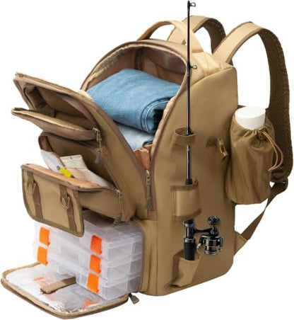 Hp hope Fishing Backpack with Rod Holders & Cooler, 40L Fishing Tackle Bag Fishing Tackle Storage Backpack Fishing Gear for Camping, Khaki - color: Khaki