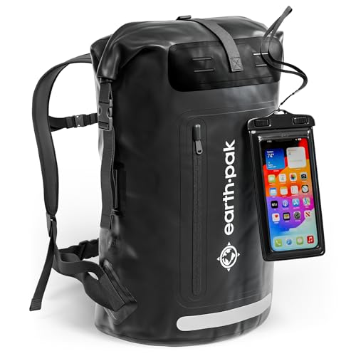 Earth Pak Waterproof Backpack - Heavy Duty Hiking Backpack - Roll-Top Closure Bag - Cushioned Dry Bag Waterproof Phone Case - color: Black, size: 55L