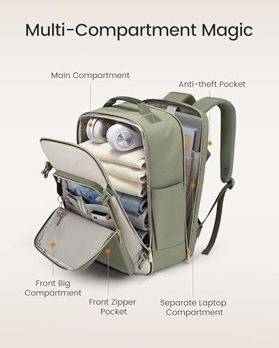 LOVEVOOK 40L Travel Backpack for Women & Men, Airline Approved Carry On Luggage with 3 Packing Cubes, TSA Overnight Bags, Waterproof Personal Item Bag, Weekender Essentials Backpacks fits 17" Laptop - color: Light Green-beige-olive Green, size: Large