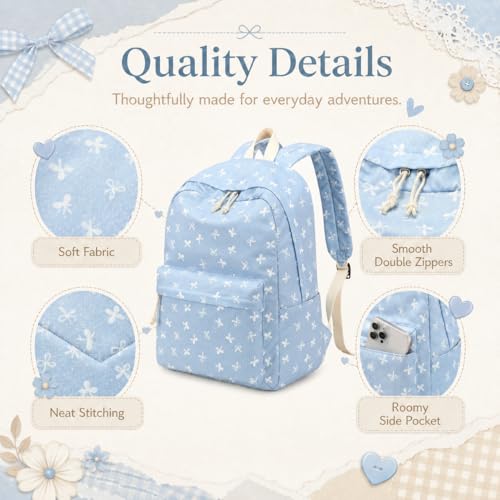 LEDAOU Backpack for Teen Girls Lightweight Kids Bookbag for Elementary Middle High School College Women Laptop Casual Daypack (Bow-Blue) - color: Bow-blue