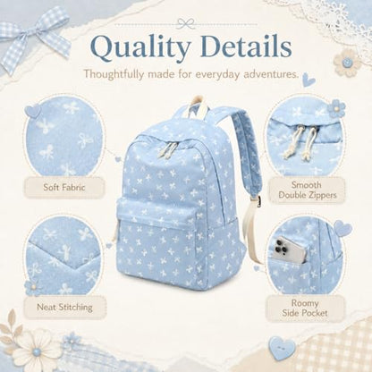 LEDAOU Backpack for Teen Girls Lightweight Kids Bookbag for Elementary Middle High School College Women Laptop Casual Daypack (Bow-Blue) - color: Bow-blue