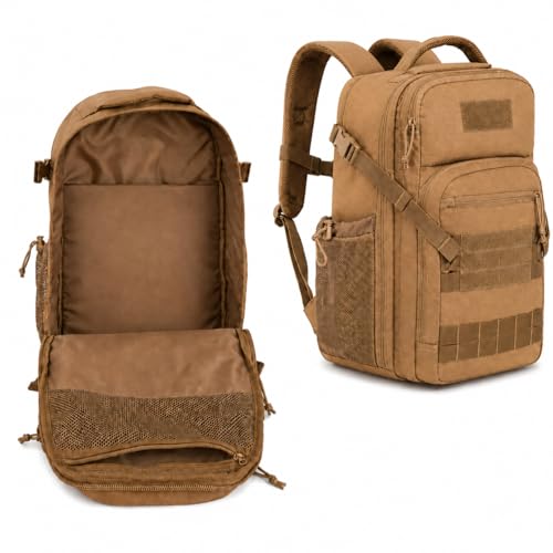 Tactical Hiking Backpack with 180° Open Design, Molle Webbing, Padded Laptop Compartment, Lightweight for Outdoor Adventures (tan) - color: Tan
