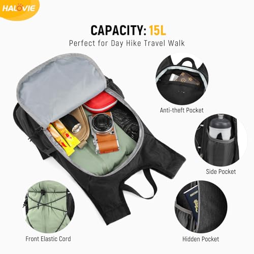 HALOVIE 15L Foldable Hiking Backpack Phone Pocket Lightweight Travel Daypack Shoulder with Chest Strap Small Packable Pack for Walking Women Men (Black) - color: Black