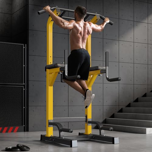 SogesPower Power Tower Pull Up Dip Stand Multi-Function Adjustable Height Workout Equipment Dip Station Fitness Strength Training for Home Gym 330LBS - color: Yellow