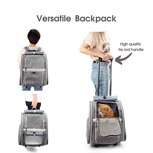 Lollimeow Pet Rolling Carrier, Dog Backpack with Wheels,Cats,Puppies Travel Bag with Wheels,Dog Trolley(Grey)