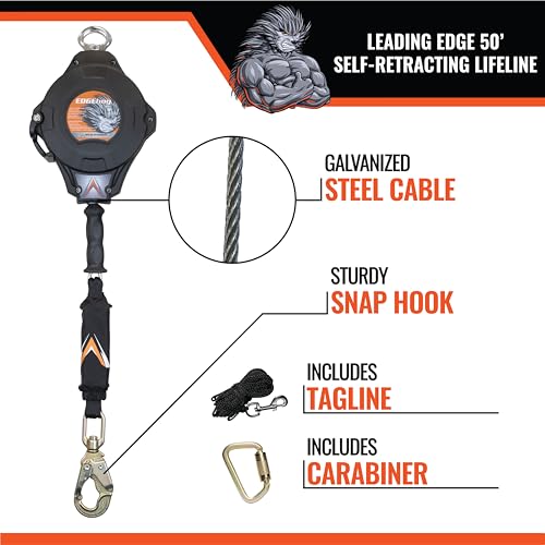 Malta Dynamics Edgehog Self Retracting Lifeline – 50’ Leading Edge Fall Protection Yoyo Cable, Class 2 Retractable Lanyard with Quick-Action Brake, OSHA and ANSI Compliant Safety Lanyard - size: 50 Foot