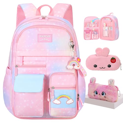 Jcobvig Rainbow Backpack For Girls Kids,Cute Student School Backpack With Pen Bag,Aesthetic Starry Rainbow Laptop Travel Bag - color: Pink, size: Medium
