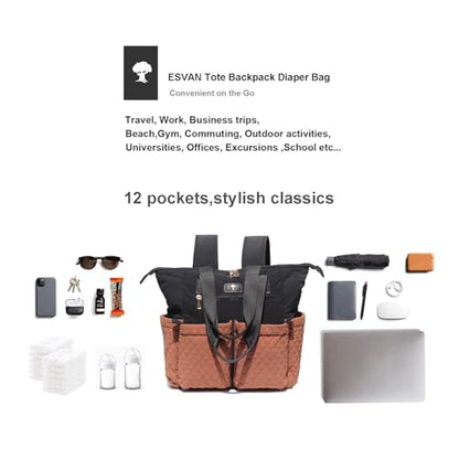 ESVAN Diaper Tote Bag Totepack Backpack 2 in 1 for Women Multifunctional Large Capacity with Insulated Pockets Travel | Multifunctional - color: Black Brown