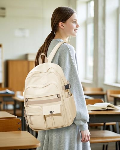 Aesthetic School Backpack for Women Men College Backpack With Lots Of Pockets Waterproof Travel Casual Daypack Cute Bookbag For Teens Girls Boys High School Bag(Beige) - color: B4-beige