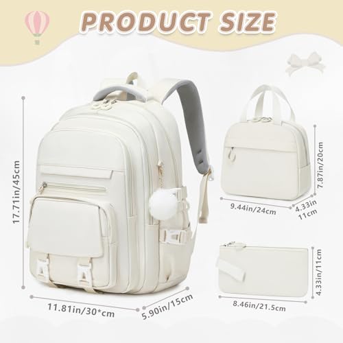 GeeWin Girls Backpack, 15.6" Laptop Backpack Schoolbag for Girls Teens Kid Children Elementary Middle School Student, Waterproof Stylish Girl Bookbag with Insulated Lunch Bag & Pencil Bag (Beige) - color: Beige Buckle