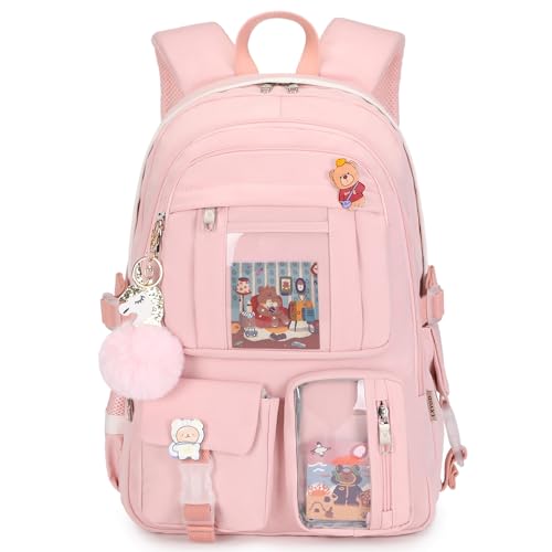 Backpack for Girls with Accessories Laptop Bookbags 16 Inch Kawaii Kids Elementary Middle High School Bag College Travel Daypack Gifts for Teens Women Students (Pink) - color: Pink