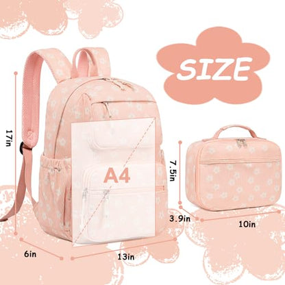 Bluboon Backpack for Girls Kids Preschool Backpack with Lunch Box Kindergarten Bookbag Toddler School Bags Set - color: Beige Flower Pink