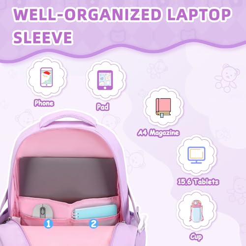 Girls Backpack, 3pcs Sets Kids Backpack for Girls with Anti-theft Back Pocket, Lightweight School Backpacks Water Resistant Lunch Bag with Pencil case for Elementary Primary School, Purple - color: Purple 3pcs