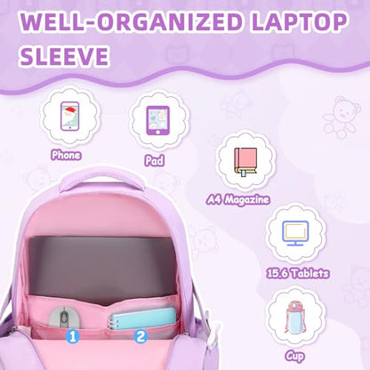 Girls Backpack, 3pcs Sets Kids Backpack for Girls with Anti-theft Back Pocket, Lightweight School Backpacks Water Resistant Lunch Bag with Pencil case for Elementary Primary School, Purple - color: Purple 3pcs