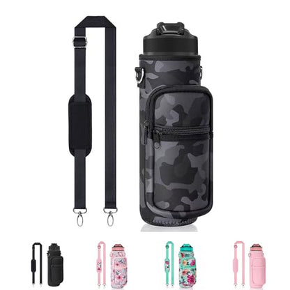 Water Bottle Holder with Strap, Insulated Crossbody Sling Bag, Carrier with Phone Pocket for Walking Hiking Camping Fishing - color: Camo Black 03, size: 32oz Long