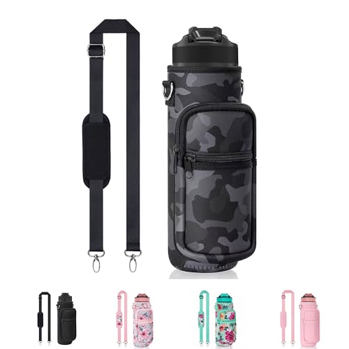 Water Bottle Holder with Strap, Insulated Crossbody Sling Bag, Carrier with Phone Pocket for Walking Hiking Camping Fishing - color: Camo Black 03, size: 32oz Long