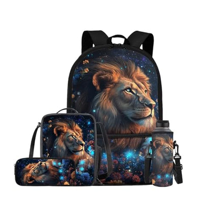 Aesthetic Lion Backpack for Kids Girls Backpack with Lunch Box Water Bottle Holder and Soft Pencil Case 4 in 1 Set Sturdy Bookbag with Front Pocket for School 17 inch Lightweight School Bag - color: Aesthetic Lion