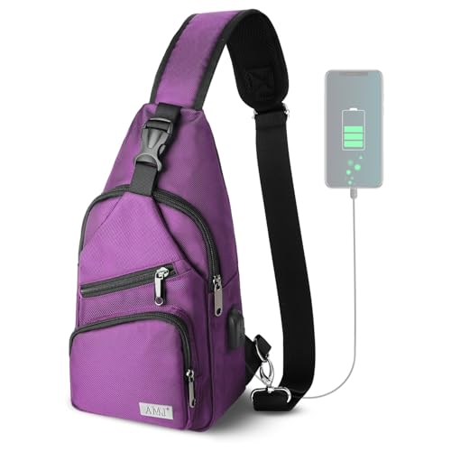 AMJ Crossbody Sling Bag Men Women, Casual Shoulder Backpack, Chest Daypack Satchel for Hiking Travel - color: Purple, size: Large