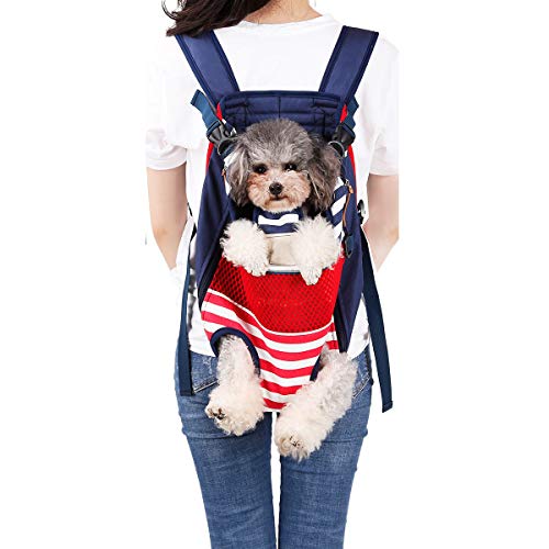 Lifeunion Legs Out Dog Carrier Backpack Hands-Free Adjustable Pet Travel Carrier for Small Medium Dogs Cats Motorcycle Hiking Walking (Red and Blue Stripes) - color: Red and Blue Stripes