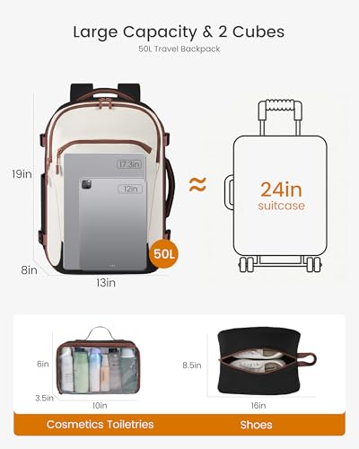 LOVEVOOK 50L Travel Backpack for Women, Airline Approved Carry On Backpack with 2 Packing Cubes, Waterproof Personal Item Bag Fits 17" Laptop, TSA Traveling Essentials Weekender Overnight Backpack - color: White & Brown & Black, size: 50L-3PCS
