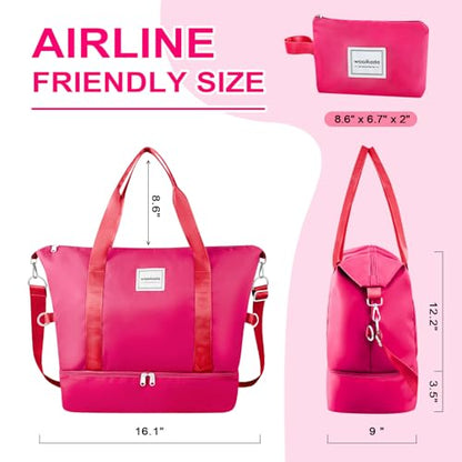 WOOMADA Weekender Bag for Women, Travel Duffel Bags with Shoe Compartment & Wet Pocket, Personal Item Bag for Airlines - color: Hot Pink