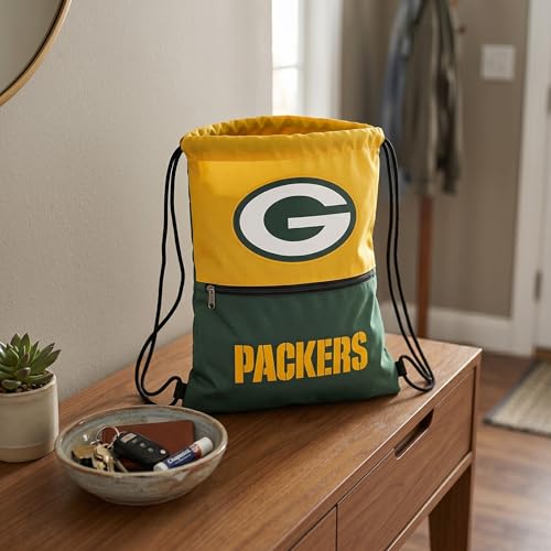 FOCO Green Bay Packers Big Logo Drawstring Backpack with Zippered Pocket Limited Edition NFL Gear for the NFC North Officially Licensed Packers Fan Gear - color: Green Bay Packers