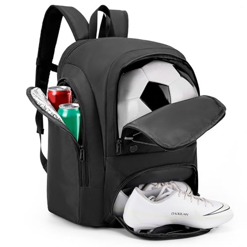Soccer Backpack with Ball Holder,Youth soccer Bag for Basketball,Volleyball-Includes Separate Shoe Compartment&and Insulation (Black) - color: Black