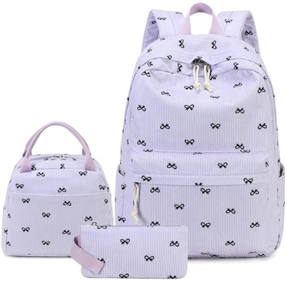 LEDAOU Kids Backpack for Girls Backpacks with Lunch Box, Lightweight Bookbag Set Elementary Middle School Back pack for 8-14 - color: Purple Bow