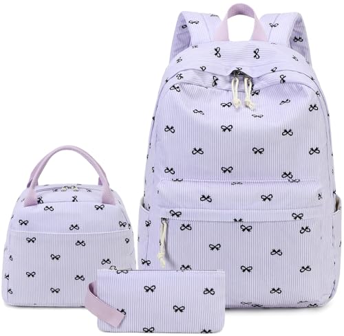 LEDAOU Kids Backpack for Girls Backpacks with Lunch Box, Lightweight Bookbag Set Elementary Middle School Back pack for 8-14 - color: Purple Bow
