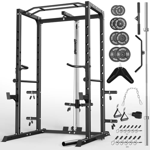 ULTRA FUEGO Power Cage, Multi-Functional Power Rack with J-Hooks, Dip Handles, Landmine Attachment and Optional Cable Pulley System for Home Gym - size: 150LB Weights Package,black