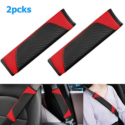 AUCELI 2PCS Car Seat Belt Cover, Carbon Fiber Seatbelt Shoulder Strap Covers, Breathable Leather Soft Harness Pad Protect Your Neck and Shoulder Compatible with Cars - color: Black/Red