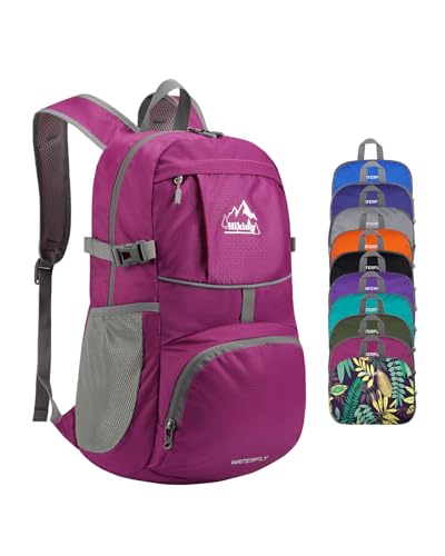 WATERFLY Hiking Packable Daypack Backpack: 25L Ultra Lightweight Day Pack for Women Men - Small Compact Folding Back Pack for Outdoor Sport Cycling Camping Travel Trip - Rose red - color: I-rose Red, size: 25L