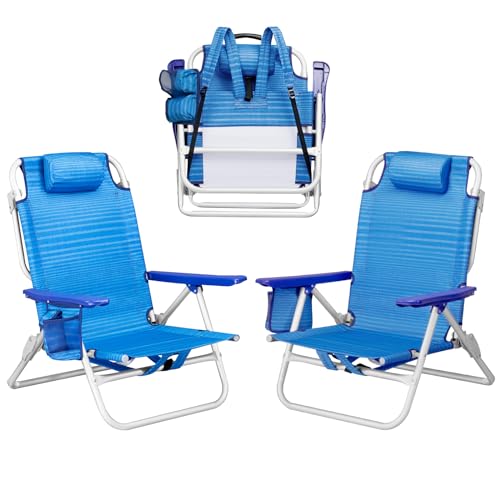 PRETZI Backpack Beach Chairs for Adults - Folding Heavy Duty Camping Chair with Storage Pouch, Cup Holder & Towel Rack, Lightweight & Adjustable Lounge Chair for Outdoor,Travel (2 Packs/Blue) - color: Blue, size: 2 packs