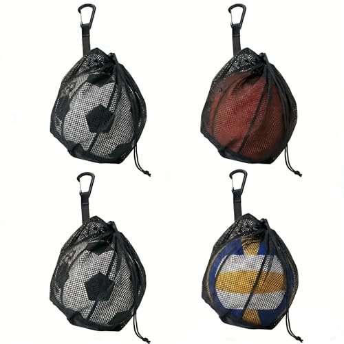 2-3-4 Pack Single Ball Bag for Basketball Soccer Volleyball,12x10 Inch Mesh Storage with Zipper Pocket,Portable Adjustable Drawstring Ball Bag with Hanging Clip Fits Most Backpacks - color: Black-4P