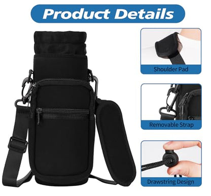 AceTreker 32 40 oz Water Bottle Carrier with Strap, Neoprene Water Bottle Sleeve Bag with 2 Pockets Insulated Flask Sling Holder for Walking Hiking Gym - color: A1. Black
