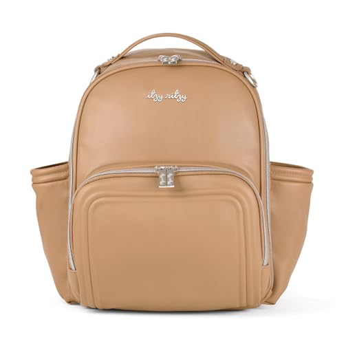 Itzy Ritzy Mini Diaper Bag Backpack – Chic, Compact Mini Plus Backpack with Changing Pad, 10 Pockets (6 Internal, 4 External), Grab-Top Handle & Rubber Feet (Chai) - color: Chai - Plus
