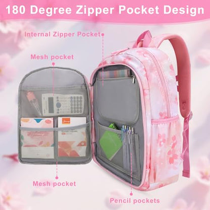 Backpack for Girls 3pcs Set, Kids Backpack for Girls with Lunch Box Pencil Case Set for Teens Elementary Middle School Bags (Pink-3 Pieces Set-1)