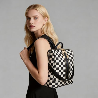 Women's Backpack with Wristlet Set, Large Capacity Tote Backpack for Women, Fashion Travel Backpack & Stylish Mommy Bag (Black Chessboard) - color: Black Chessboard