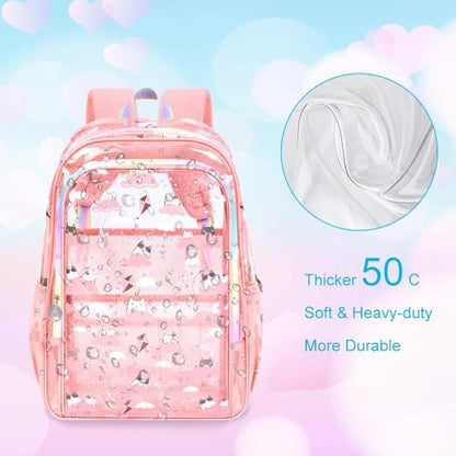 gxtvo 3PCS Girls Clear Backpack Heavy-Duty Set for Women & Teen, 17" Pink See Through Bookbag with Rainbow Strap, Cute Cloud Cat Transparent School Bag - color: Pink Cloud Cat Clear Backpack Set