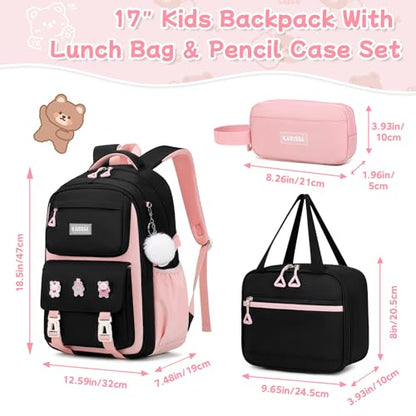 PIG PIG GIRL Girls Backpack, Kids Backpack for Girls with Anti-theft Back Pocket, Lightweight School Backpacks, Watrer Resistant, Bookbag for Elementary Primary School, Black Pink,3pcs - color: Black Pink 3pcs